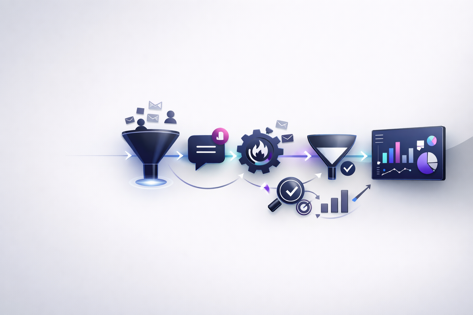 תרשים תהליך שממחיש מערכת שיווק אוטומטי לעסקים קטנים: לידים נכנסים, תגובה, חימום, סינון ומדידה