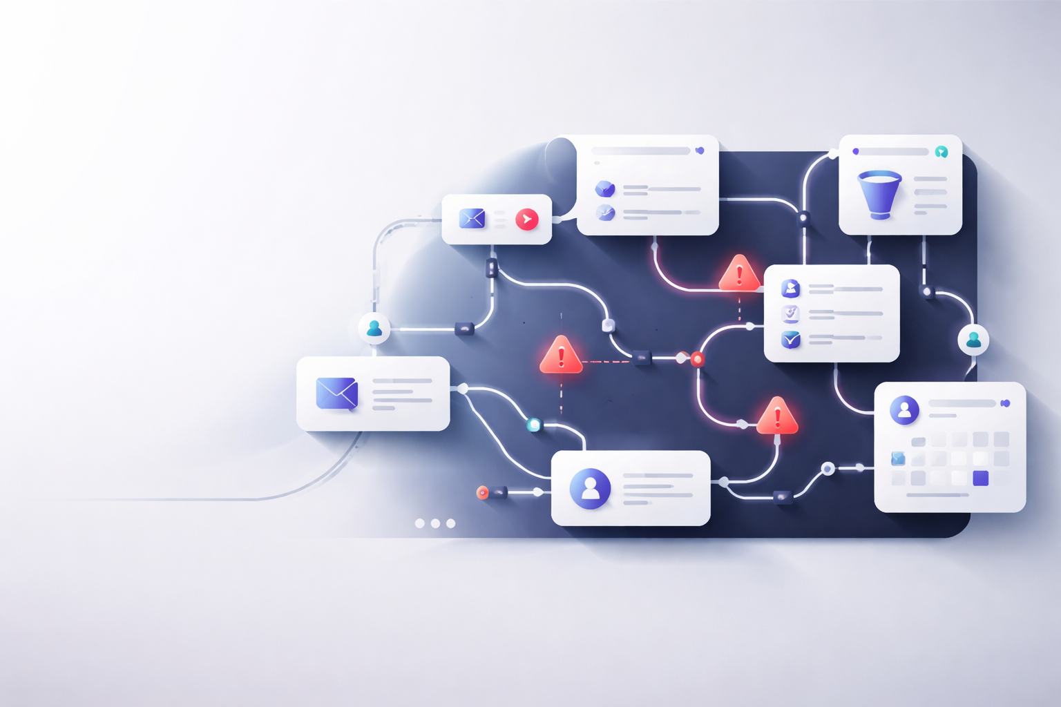 אילוסטרציה של מערכת אוטומציה שיווקית מורכבת עם תהליכים לא מחוברים שממחישים כשל תהליכי